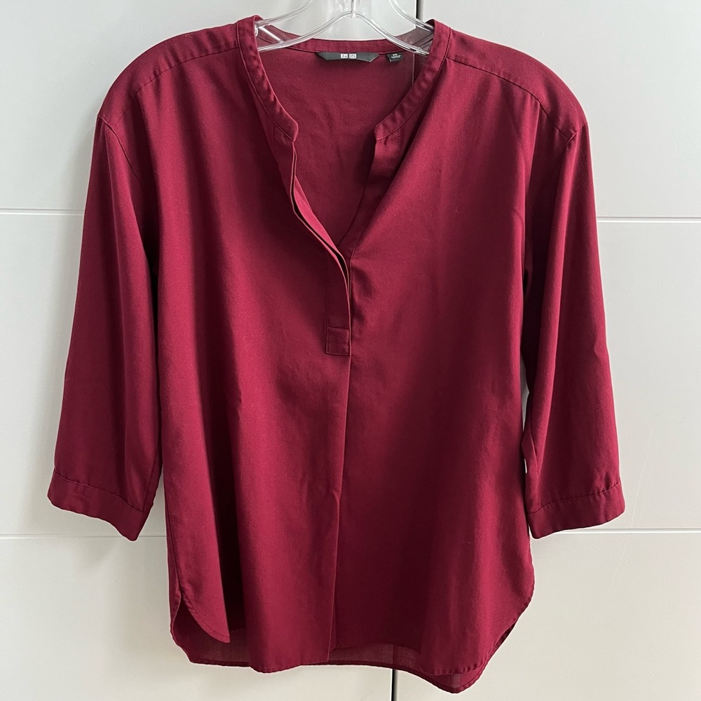 Uniqlo Rayon Skipper Collar 3/4 Sleeve Blouse XS Red